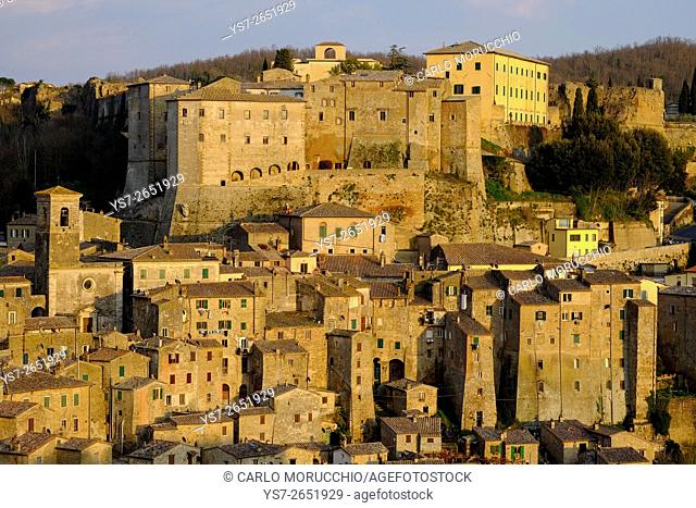 View of Sorano seen from Etruscan rock settlement of San Rocco, Maremma, Grosseto, Tuscany, Italy