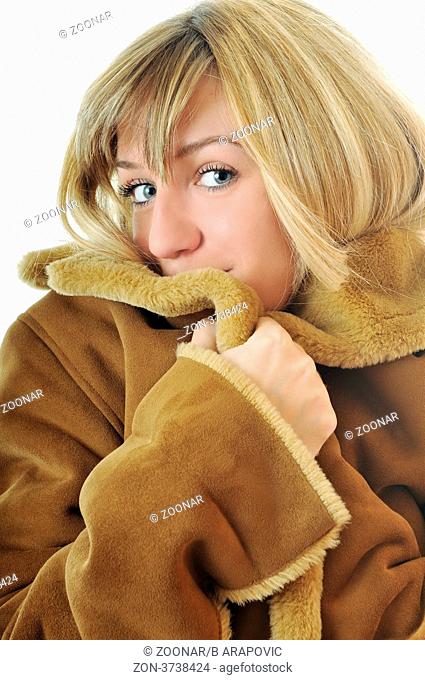 happy woman in winter coat isolated on white