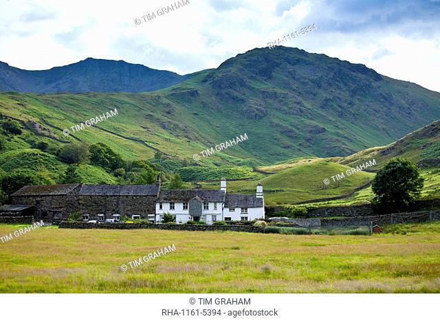Fell Foot Farm in Little Langdale Valley at Langdale Pass surrounded by Langdale Pikes in the Lake District National Park, Cumbria, UK