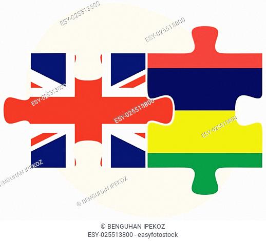 United Kingdom and Mauritius Flags in puzzle isolated on white background