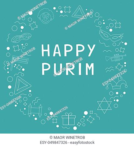 Frame with purim holiday flat design white thin line icons with text in english ""Happy Purim"". Template with space for text, isolated on background