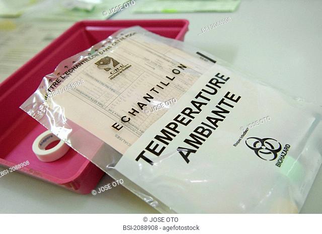 Photo essay from the University Hospital of Bordeaux. Cardiologic hospital of Haut-Leveque. Department of diabetology. Expedition of the blood samples of a...