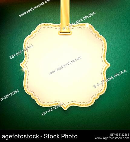 Elegant beige label with golden ribbon on green background. EPS 10 vector file