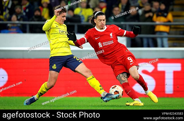 Union's Alessio Castro-Montes and Liverpool's Darwin Nunez fight for the ball during a game between Belgian soccer team Royale Union Saint Gilloise and English...