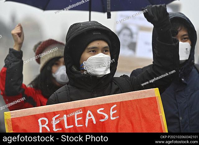 Protest against coup in Myanmar, staged by Burmese living in the Czech Republic, took place at Wenceslas Square, Prague, Czech Republic, on Sunday, February 6