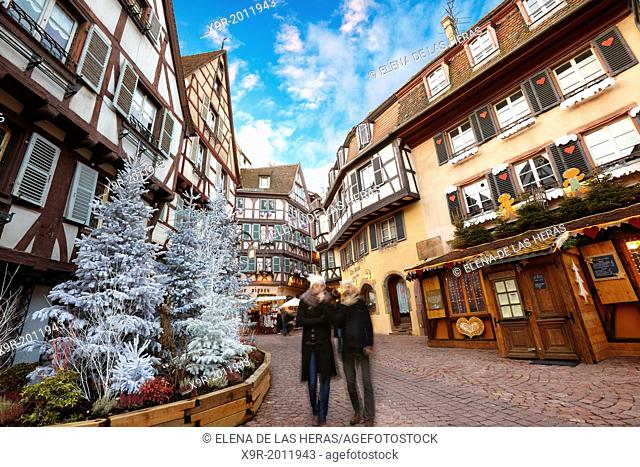 City center with Christmas decoration. Colmar. Wine route. Haut-Rhin. Alsace. France