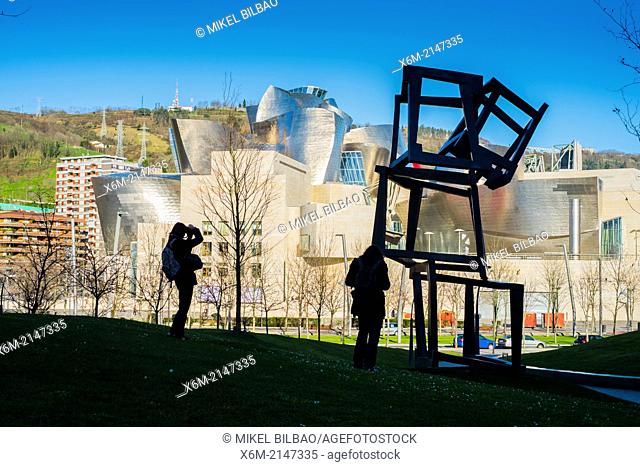 Guggenheim Museum and ""Chaos Nervion"" sculpture. Bilbao, Spain