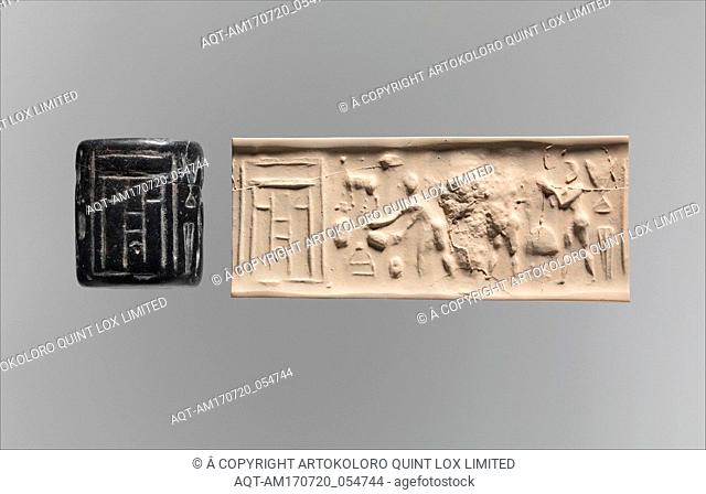 Cylinder seal and modern impression: ritual scene before a temple facade, Late Uruk, ca. 3500â€“3100 B.C., Mesopotamia, Bituminous limestone, H. 4