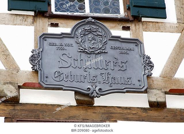Nameplate at the the house where Schiller was born, Marbach Neckar, Baden-Wuerttemberg, Germany