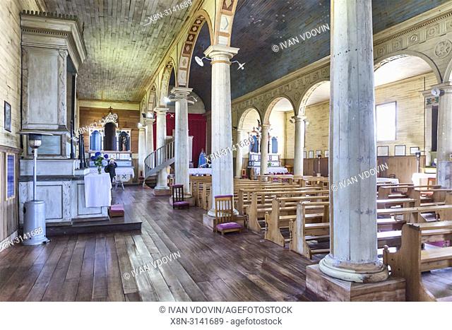 Wooden church of St Charles Borromeo interior, Chonchi, Chiloe island, Los Lagos region, Chile