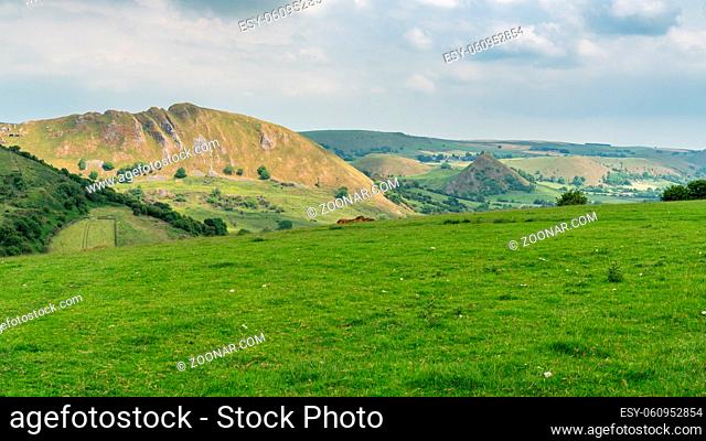 Peak District landscape with Chrome Hill, near Hollinsclough in the East Midlands, Derbyshire, England, UK