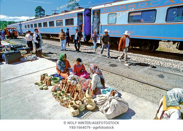 Tarahumura Indians in front of Chihuahua al Pacifico Train = CHEPE, Divisadero, Barranca del Cobre