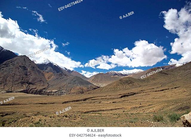 Landscape with mountain peaks in Nubra Valley in Ladakh, India