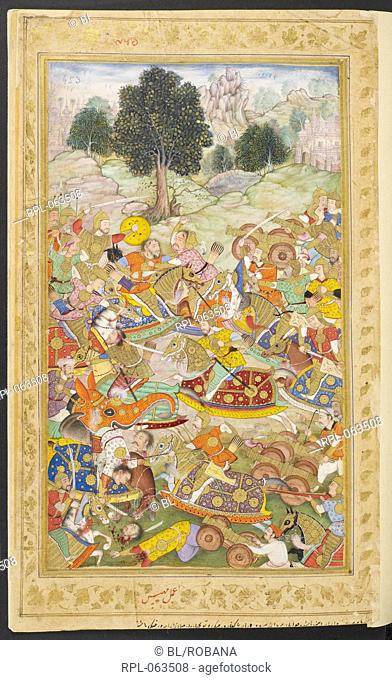 Babur's army in battle against the army of Rana Sanga at Kanvaha in which bombards and field guns were used 1527. An illustration to the memoirs of the Emperor...