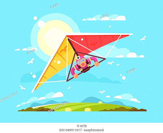 Man on hang gliding extreme sport screaming vector illustration
