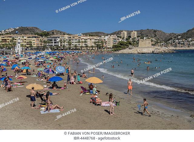 Platja de L'Ampolla Beach with fortress, Moraira, Alicante, Costa Blanca, Spain