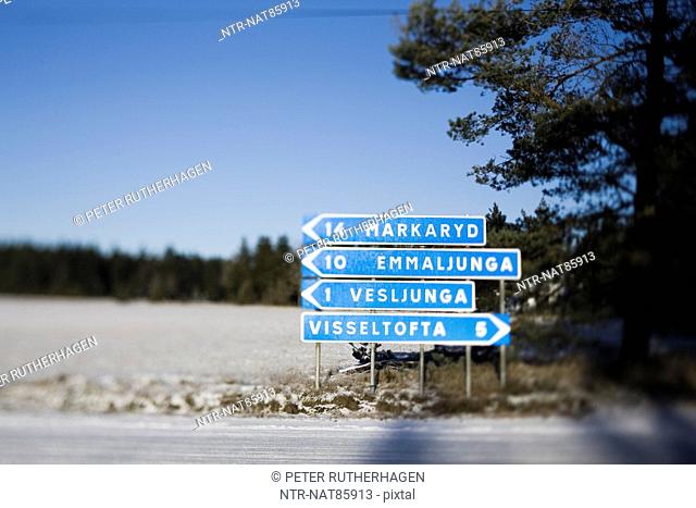 Scandinavian Peninsula, Sweden, SkÃ¥ne, Road sign on road side