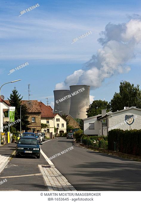 Village of Garstadt, at back the cooling towers of the E.ON nuclear power plant, Grafenrheinfeld, Schweinfurt, Bavaria, Germany, Europe