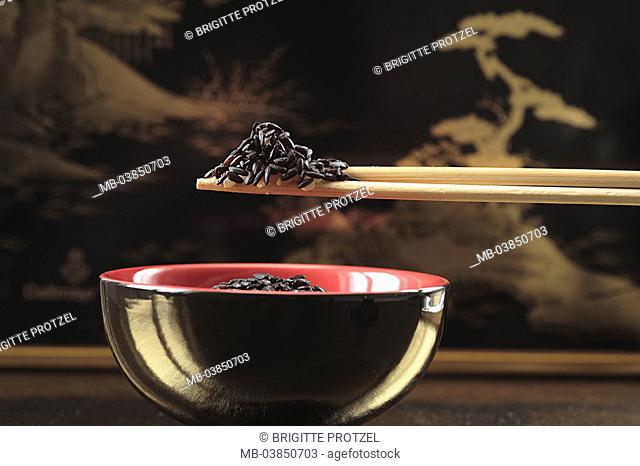 Table, peel, rice, black, chopsticks, dishes, rice-peel, black-red, rice-grains, raw, uncooked, small rods, symbol, food, Asian, Japanese, Chinese, food