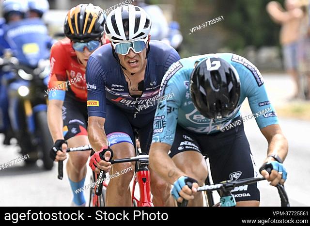 Belgian Jasper Stuyven of Trek-Segafredo, French Alexis Gougeard of B&B Hotels p/b KTM and British Fred Wright of Bahrain Victorious pictured in action during...