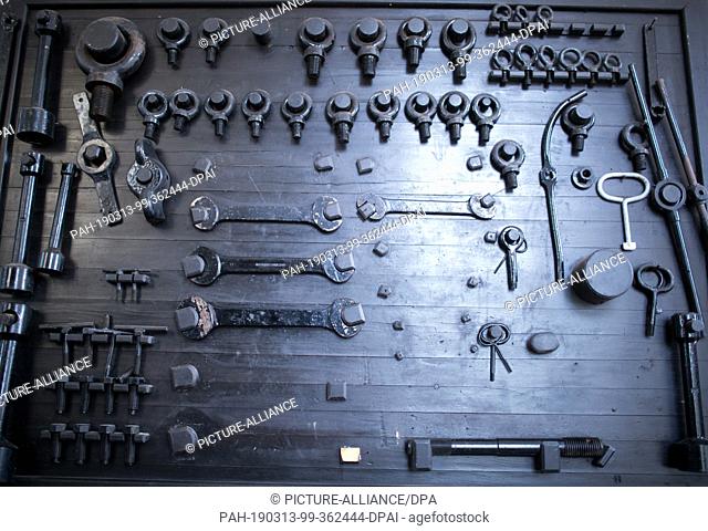15 August 2018, Thuringia, Krauthausen: Historical tools hang in the control room in the generator room of the Spichra hydroelectric power station on the Werra...