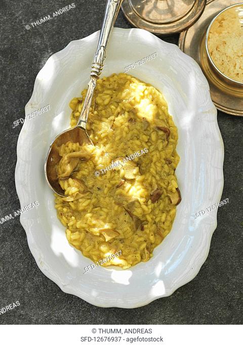 Porccini mushroom risotto on a serving platter
