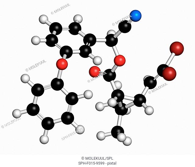 Deltamethrin insecticide molecule (synthetic pyrethroid). 3D rendering. Atoms are represented as spheres with conventional colour coding: hydrogen (white)