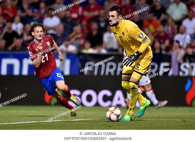 L-R Alex Kral (CZE) and Milan Mijatovic (MNE) in action during the Football Euro Championship 2020 group A qualifier Czech Republic vs Montenegro in Olomouc