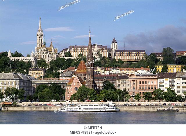 Hungary, Budapest, district Buda,  view at the city, fisher bastion, river Danube,  pleasure boat Europe, Central Europe, capital, sight, church, steeple