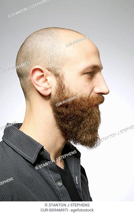 Studio profile portrait of mid adult man with shaved hair and overgrown beard