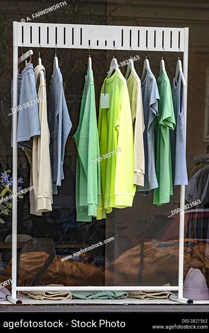 Stockholm, Sweden A rack of T-shirts in a store window