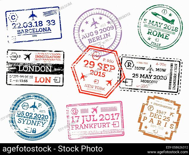 Collection of Passport Stamps Isolated on White. Vector Illustration. Set from Different Countries and Cities. London. New York. Moscow. Paris