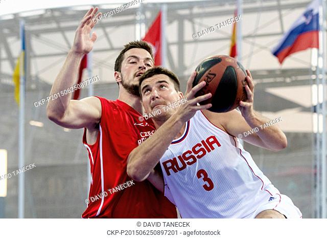 From left: Filip Zbranek (CZE) and Andrey Kanygin (RUS) in action during the Men's 3x3 Basketball Quarterfinal match Russia vs Czech Republic at the Baku 2015...