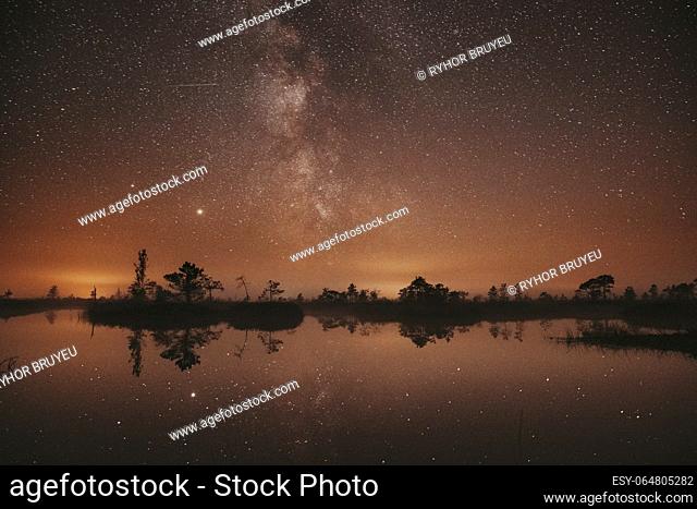 Swamp Bog Marsh Wetland Lake Nature Night Landscape. Night Starry Sky Milky Way Galaxy With Glowing Stars And Moon. Nature Night Sky Reflection In Water