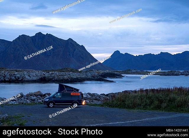 Norway, Lofoten, Austvågøya, fishing village Laukvik, camping site at the harbor, mobile home