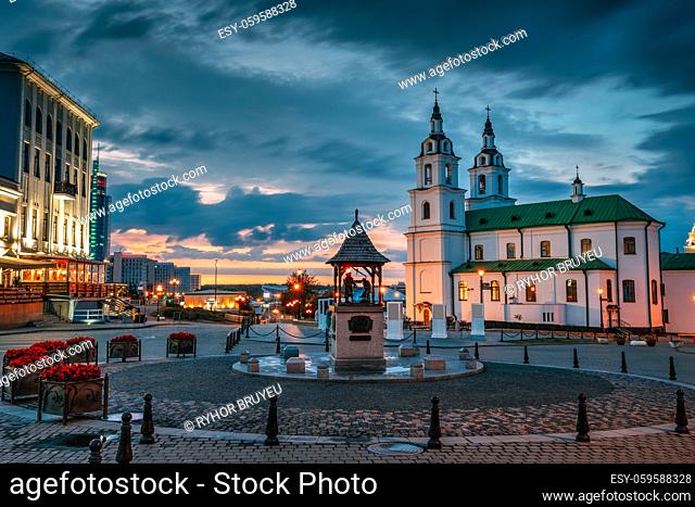 Minsk, Belarus. Illuminated Cathedral Of Holy Spirit In Minsk At Evening Or Night Street Lights . Famous Landmark. Main Orthodox Church Of Belarus At Evening