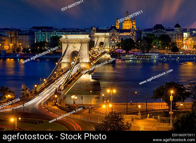 Budapest chain bridge in twillight with starry sky, long exposure photo