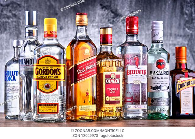 Bottles of assorted global hard liquor brands