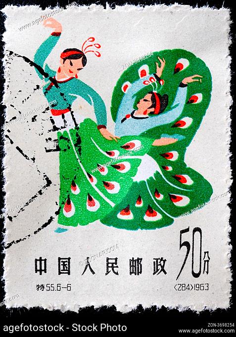 CHINA - CIRCA 1962: A Stamp printed in China shows image of two peacock dancing girls, circa 1962 CHINA - CIRCA 1962: A Stamp printed in China shows image of...