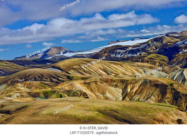 Aerial view of colorful, snow covered rhyolith mountains, geothermal area of Landmannalaugar, Laugarvegur, Highlands, South Iceland, Iceland, Europe