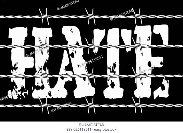 The word hate behind a barbed wire fence over a black background