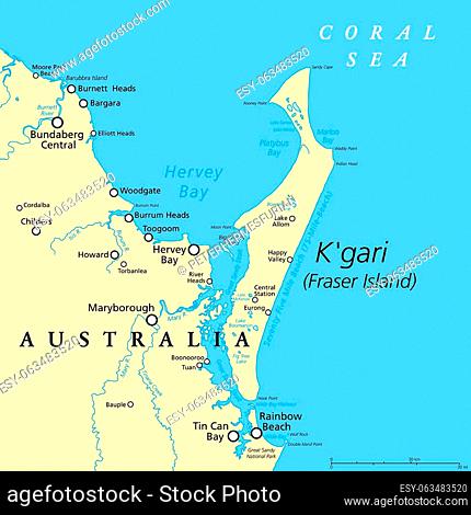 Kgari, formerly Fraser Island, political map. Worlds largest sand island, along the coast of Queensland, Australia, with a 75-Mile-Beach