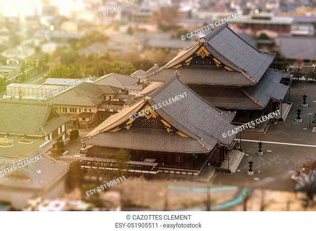Aerial view of Kyoto's Higashi Honganji Temple. Dating from the 17th century and owned by Jodo Buddhism, it has the largest wooden roof in the world