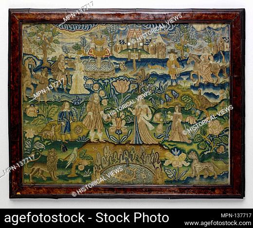 Eliezer and Rebecca. Date: third quarter 17th century; Culture: British; Medium: Silk and satin on canvas; Dimensions: H. 15 3/4 x W. 20 inches (40