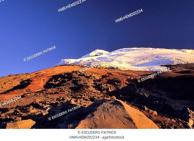 Ecuador, Cotopaxi Province, Cotopaxi National Park, Cotopaxi volcano, snow-covered summit, glacier, ashes field and volcanic rocks