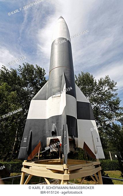 Nazi A4 liquid gas rocket, reproduction, Peenemuende Historical-Technical-Information Centre, Usedom Island, Mecklenburg-Western Pomerania, Baltic Sea, Germany