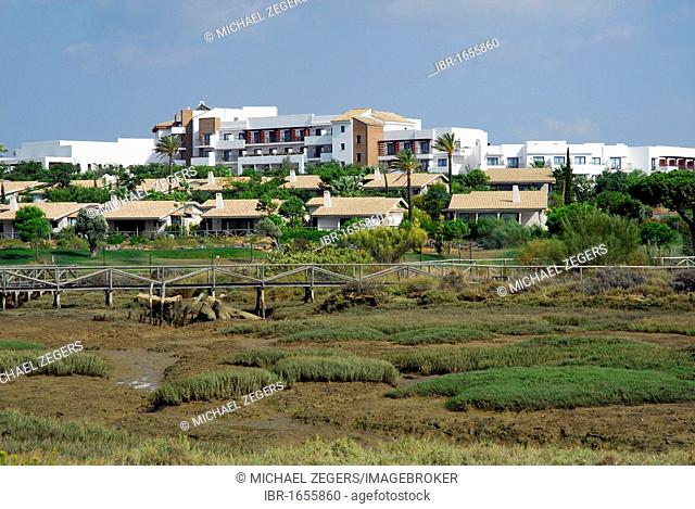 Nature reserve, holiday homes and a hotel resort at back, El Rompido, Cartaya, Costa de la Luz, Huelva region, Andalucia, Spain, Europe