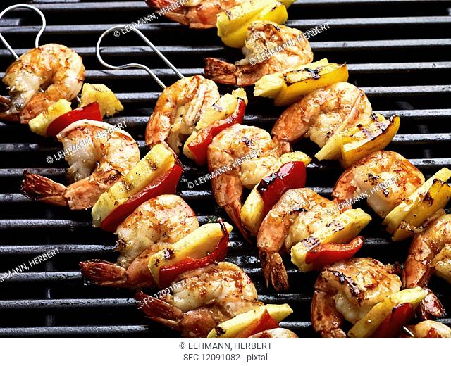 Prawn and vegetable kebabs on the barbecue