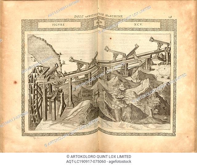 Pumpe (67), Hydropower Operated Water Pump, Copper Engraving, Fig. XCV, p. 148, 1588, Agostino Ramelli: Le diverse et artificiose machine del capitano Agostino...