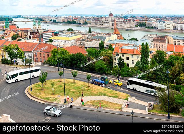 Budapest, Hungary - Juli 13, 2019: Buses on the way to Buda Castle Hill in Budapest, Hungary